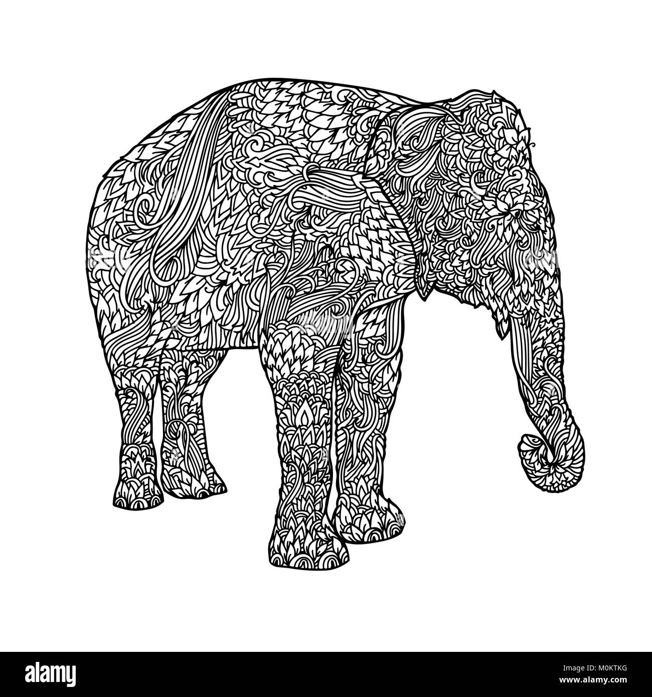 L'éléphant au style asiatique. Modèle de Mandala à colorier pour les adultes. Vector illustration noir et blanc. Illustration de Vecteur