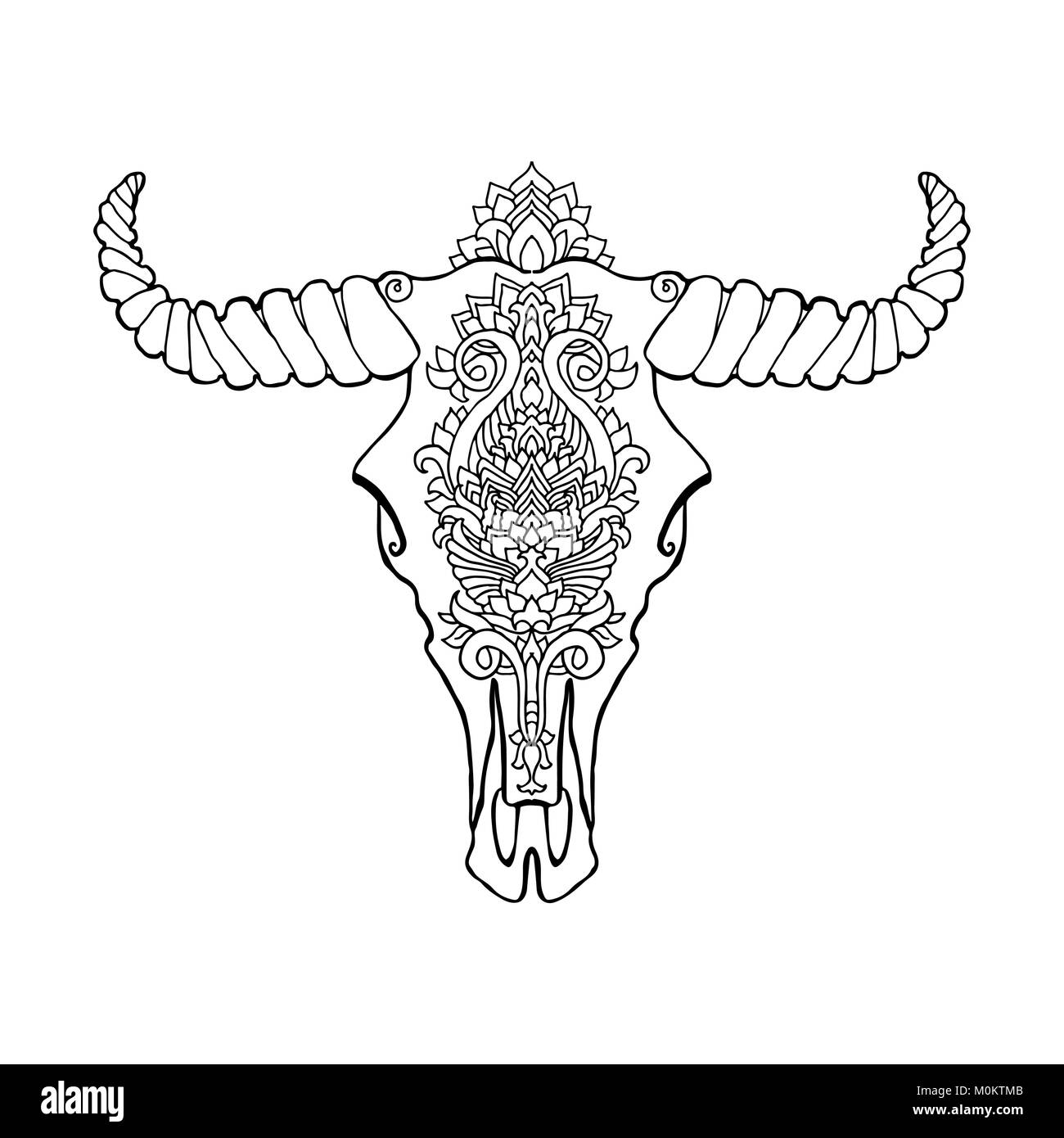 Style tatouage Mandala Dead Cow Head. Ornement décoratif crâne de buffle. L'art indien indigène croquis ethniques design. Motif Tribal style Boho. Vector illustration. Illustration de Vecteur