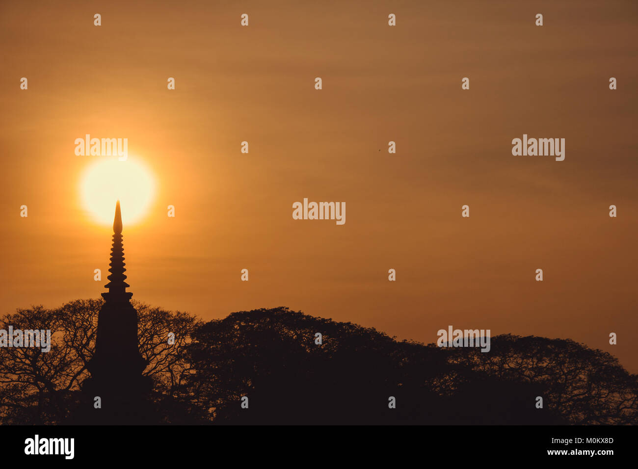 Pagode thaïlandaise silhouette (style ayutthaya) et arbre buisson dans le coucher du soleil, Ayutthaya, Thaïlande. vintage style photographique et cinématographique Banque D'Images