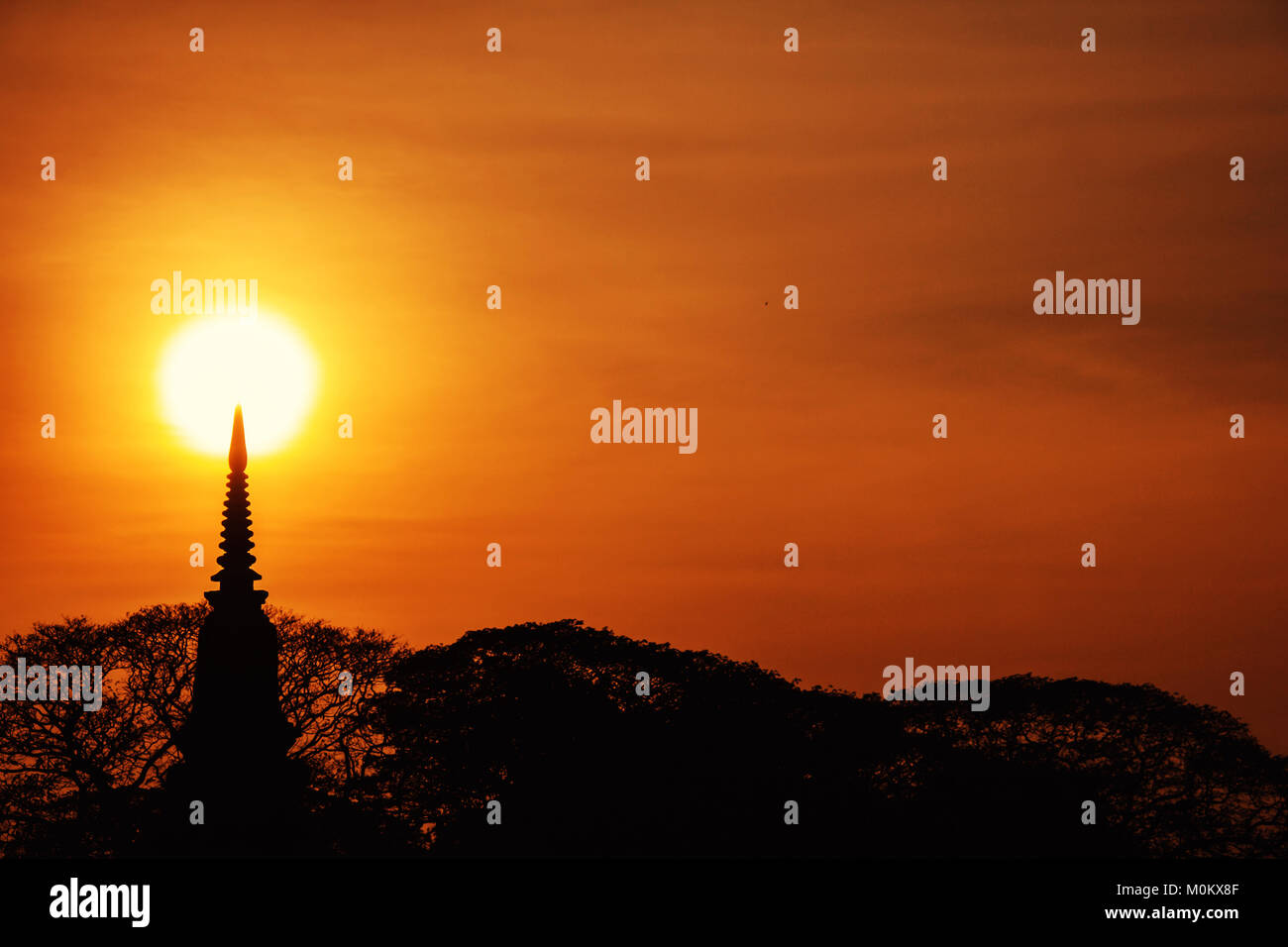 Pagode thaïlandaise silhouette (style ayutthaya) et arbre buisson dans le coucher du soleil, Ayutthaya, Thaïlande. vintage style photographique et cinématographique Banque D'Images