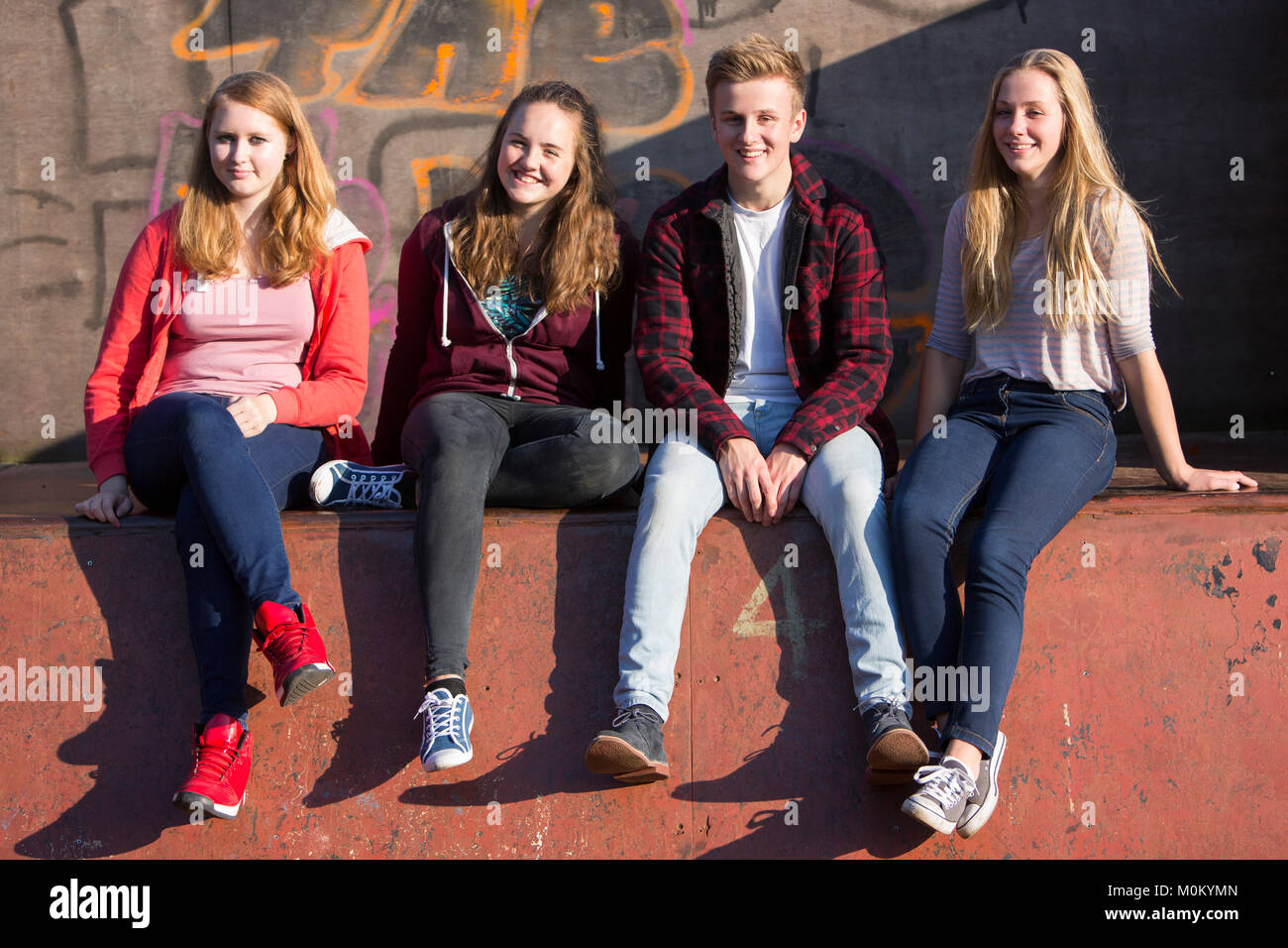 Portrait of Teenage Friends Sitting in Skateboard Park Banque D'Images