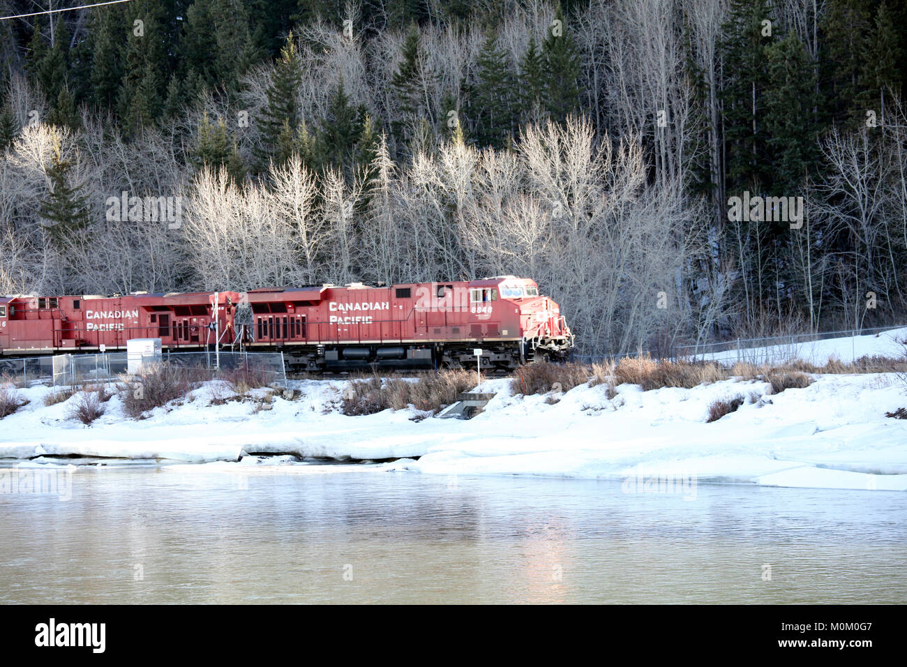 Le Canadien Pacifique train de marchandises (fret) se déplace le long de la banque de la rivière Bow, à Calgary (Alberta, Canada) à la fin de mars, que la neige et la glace commencent à moi Banque D'Images