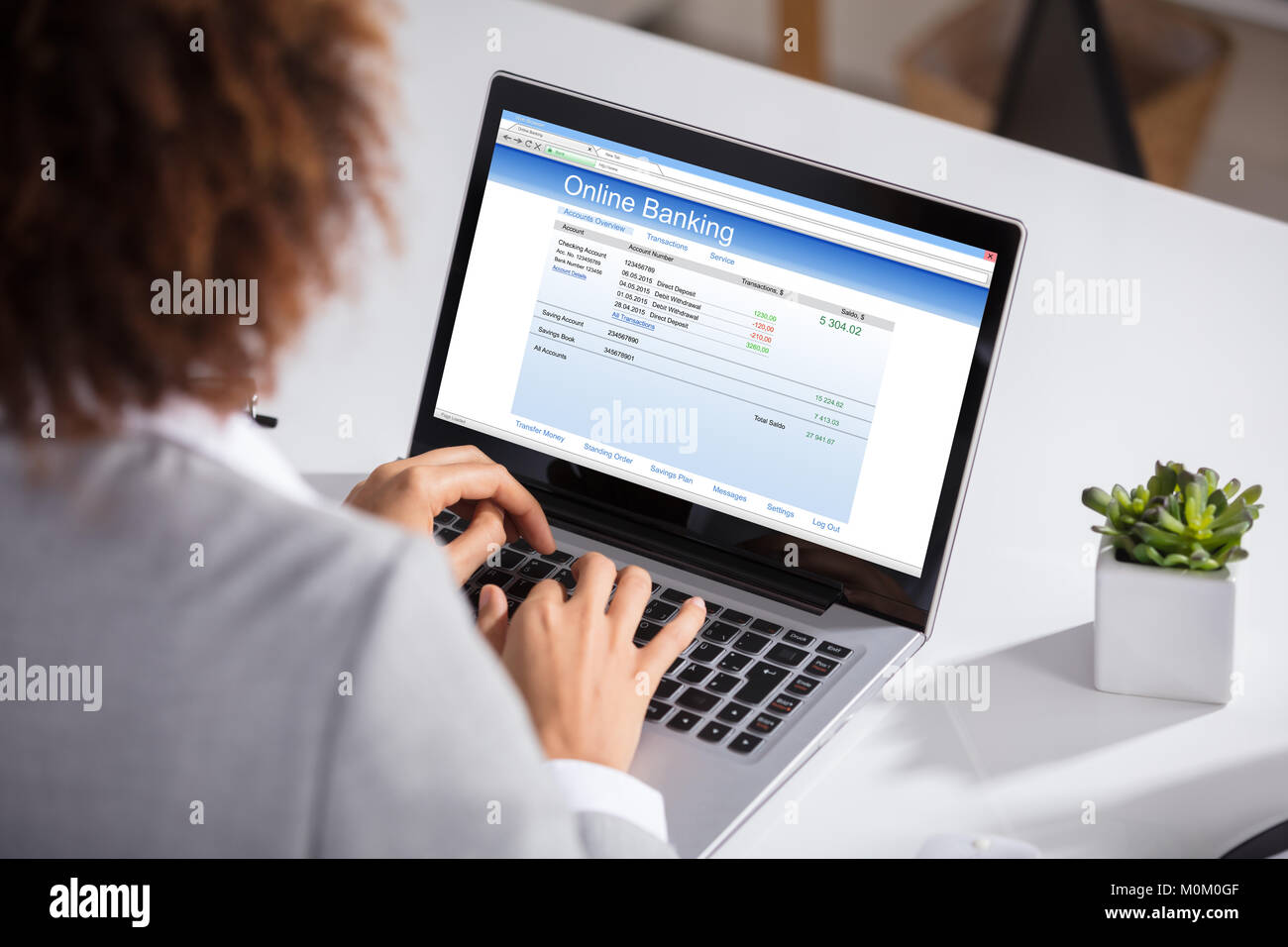 Close-up of Businesswoman d'avion en ligne sur ordinateur portable sur 24 Banque D'Images