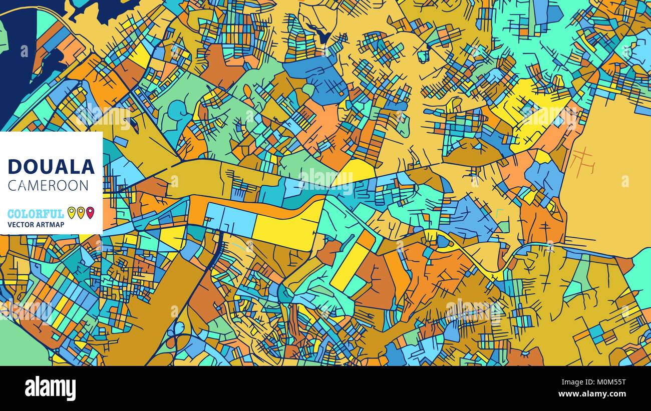 Douala, Cameroun, Vecteur coloré Artmap. Blue-Orange-Version jaune pour le site Web Infographie, l'Art de mur et fond de carte de Vœux. Illustration de Vecteur