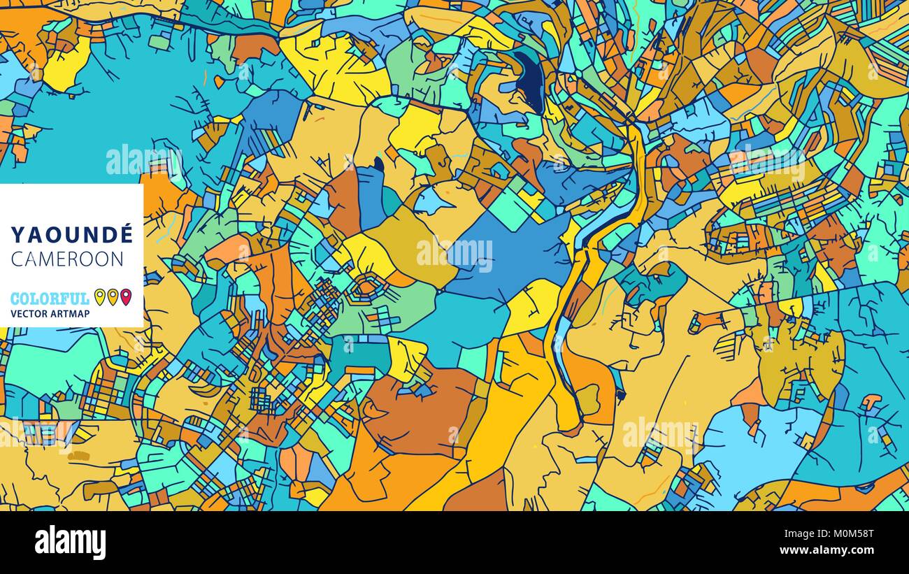 Yaoundé, Cameroun, Vecteur coloré Artmap. Blue-Orange-Version jaune pour le site Web Infographie, l'Art de mur et fond de carte de Vœux. Illustration de Vecteur