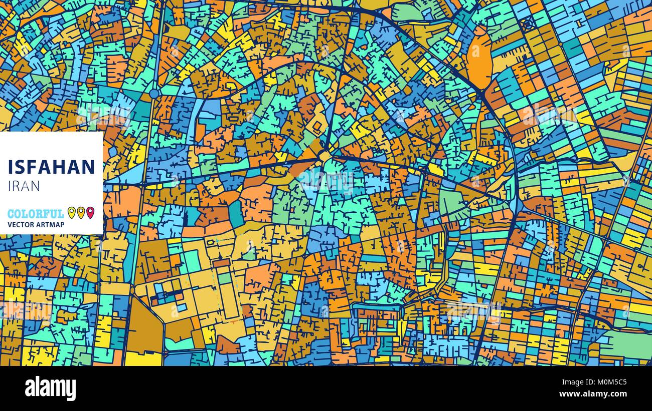 Isfahan, Iran, Colorful Vector Artmap. Blue-Orange-Version jaune pour le site Web Infographie, l'Art de mur et fond de carte de Vœux. Illustration de Vecteur