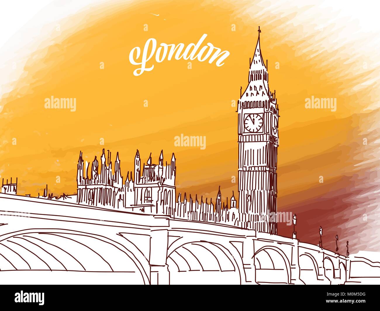 Croquis de Big Ben à Londres. Hand drawn vector illustration avec manchette moderne. Pour utiliser les cartes de voeux et de marketing. Illustration de Vecteur