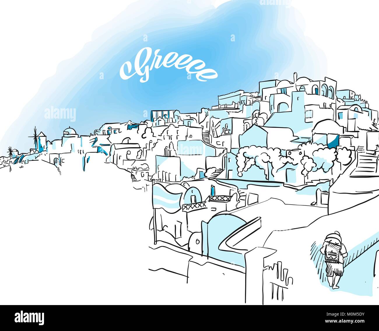 Croquis de l'Oia, Grèce. Hand drawn vector illustration avec manchette moderne. Pour utiliser les cartes de voeux et de marketing. Illustration de Vecteur