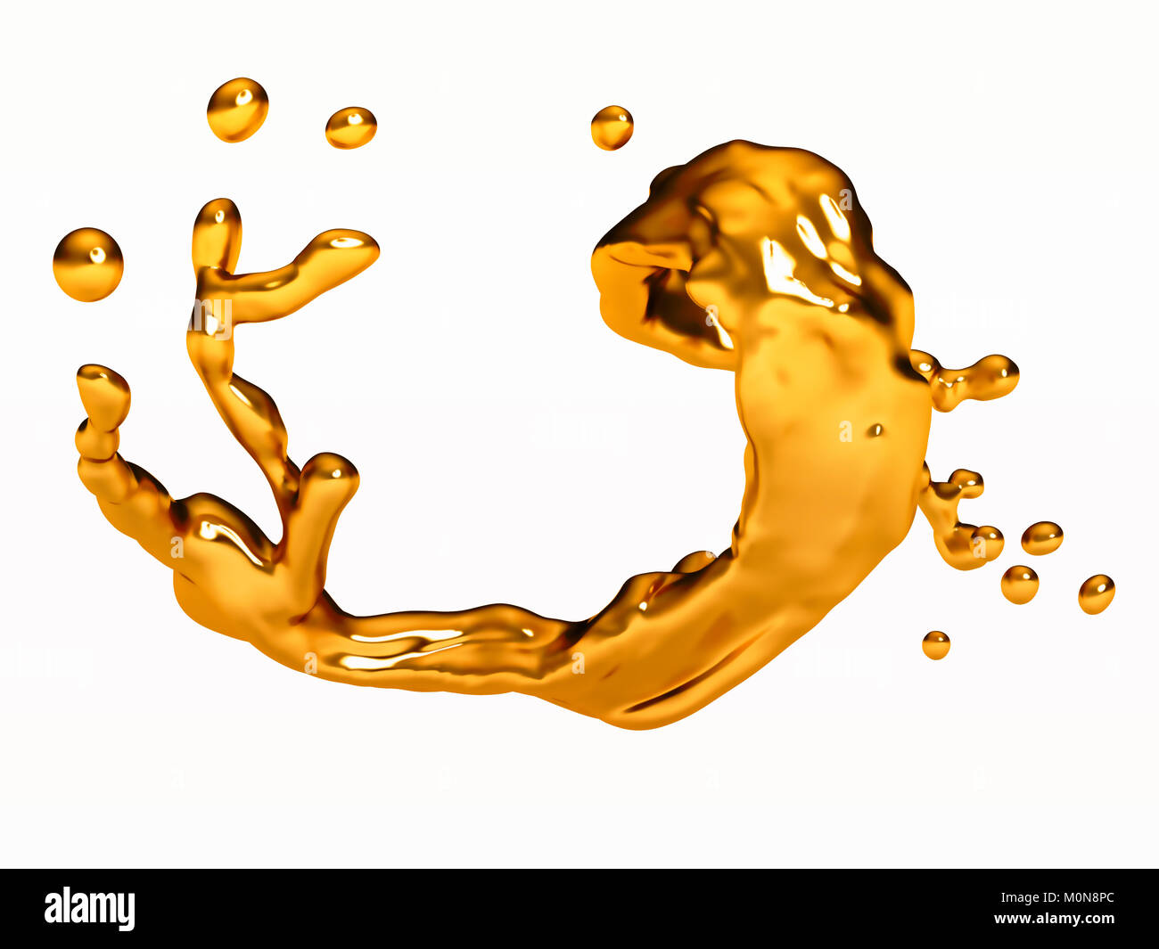 Des projections de liquide avec des gouttes d'or sur fond blanc Banque D'Images