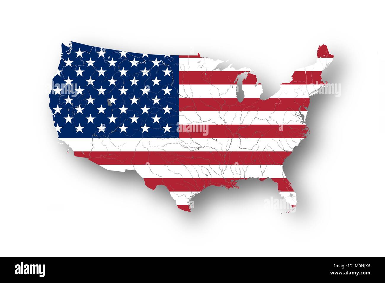 Carte des États-Unis d'Amérique avec le drapeau américain. Couleurs du drapeau sont bon. Les rivières et lacs sont indiqués. Illustration de Vecteur