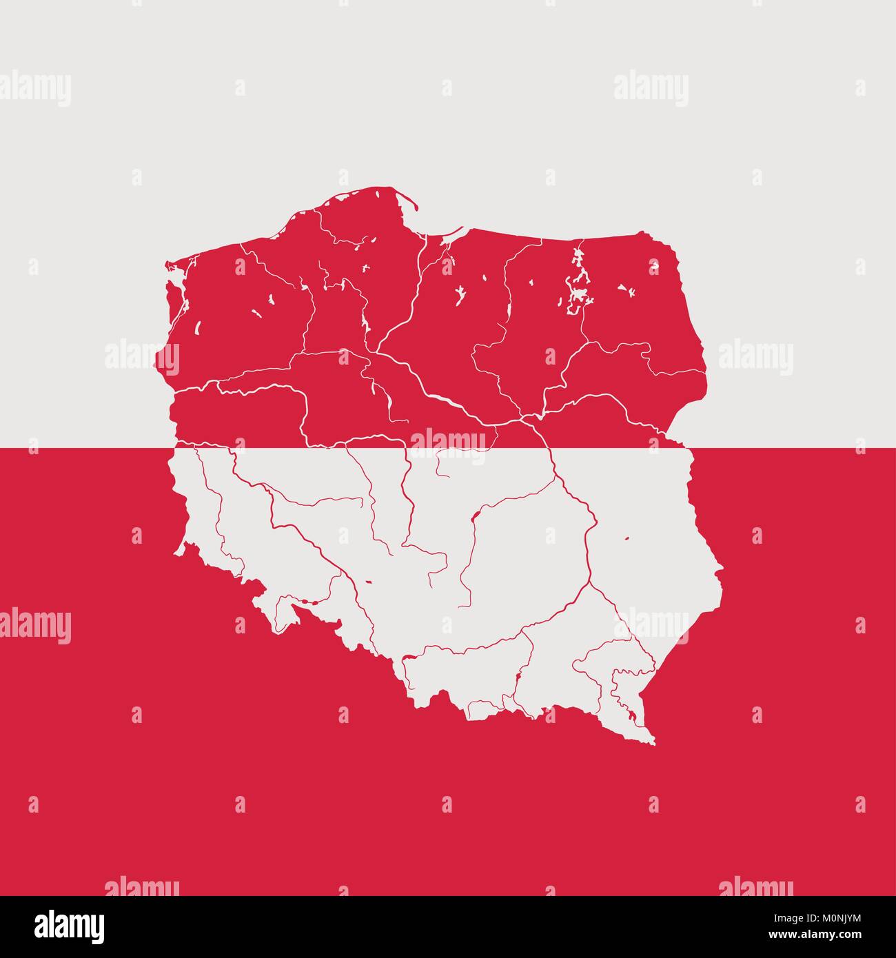 Carte de la Pologne sur le drapeau polonais. Couleurs du drapeau sont bon. Les rivières sont affichées.. Illustration de Vecteur