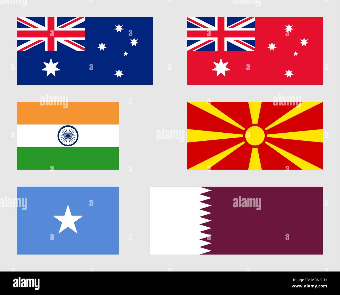 Les Indiens, de l'Australie, le macédonien, le somalien et drapeaux Qatari. Illustration de Vecteur