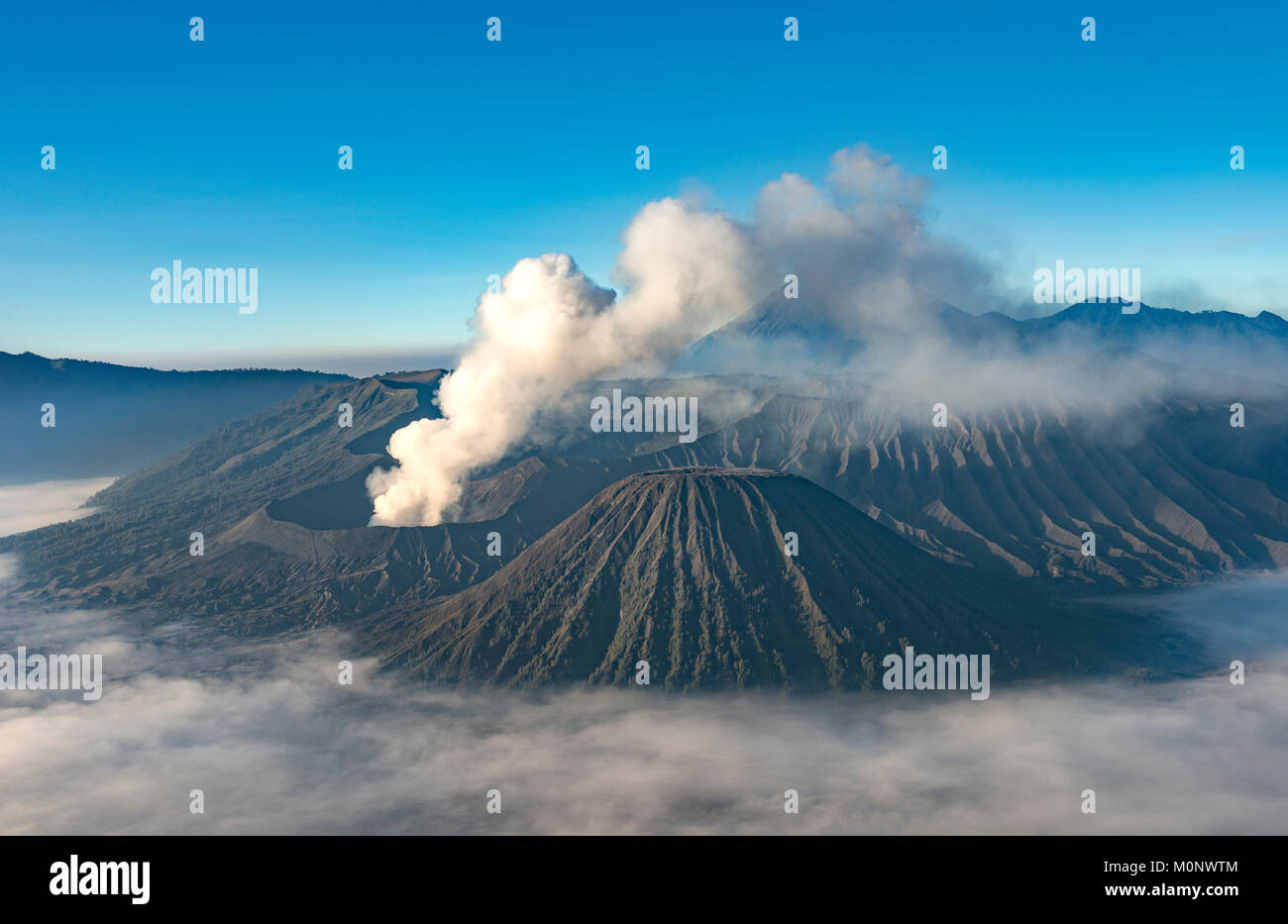 Avis de volcans,volcan fumant Gunung Bromo, Batok Kursi Gunung Semeru,,,Bromo-Tengger-Semeru National Park,Java Banque D'Images