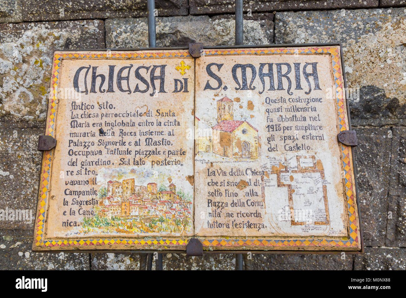 Tableau montrant l'église de Santa Maria à l'intérieur des murs de la Torre Alfina château écrit en italien.Acquapendente, Italie. Banque D'Images