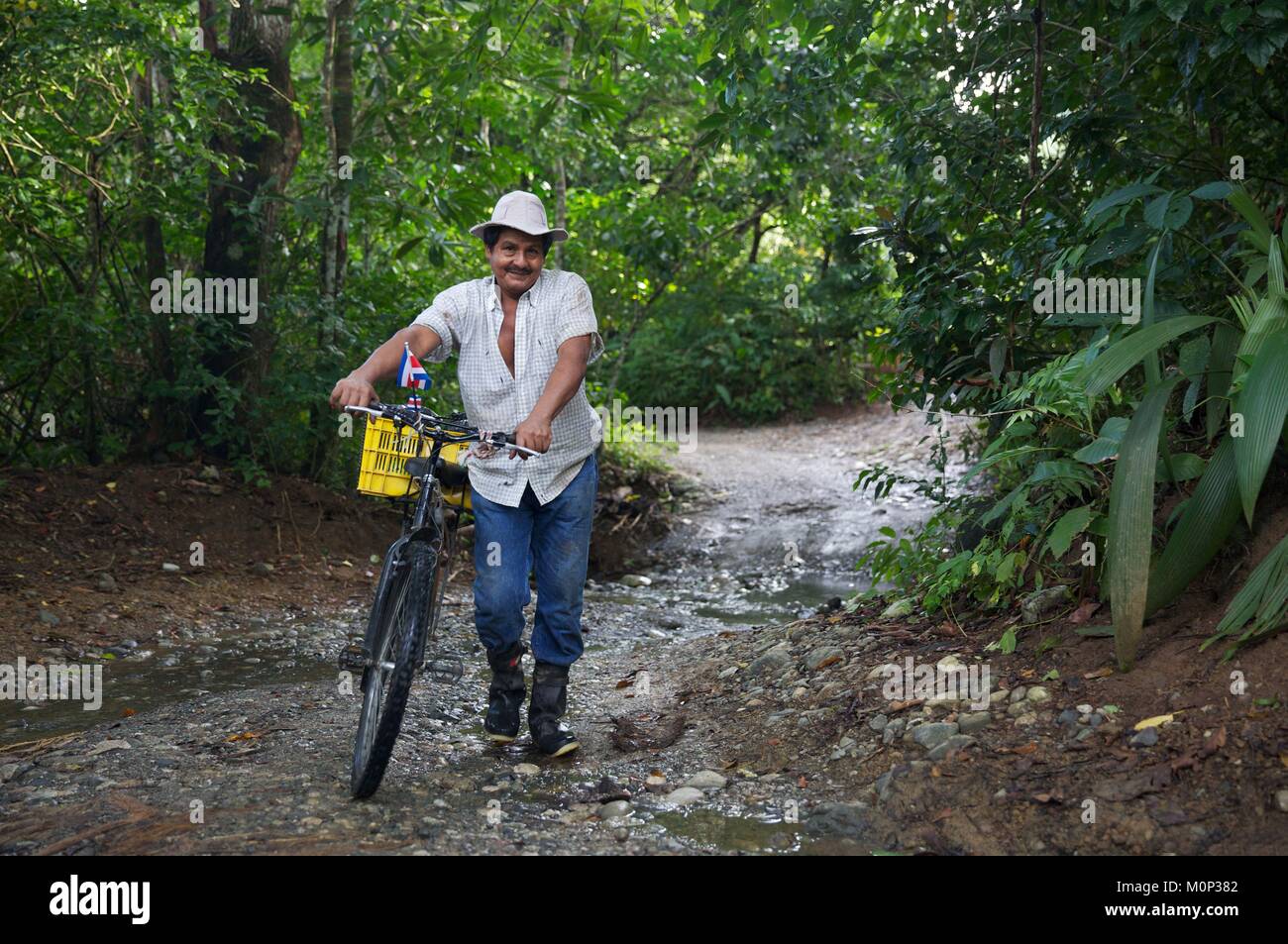Costa Rica, Osa peninsula,homme avec son vélo décoré avec un peu de costa drapeau dans la forêt primaire Banque D'Images