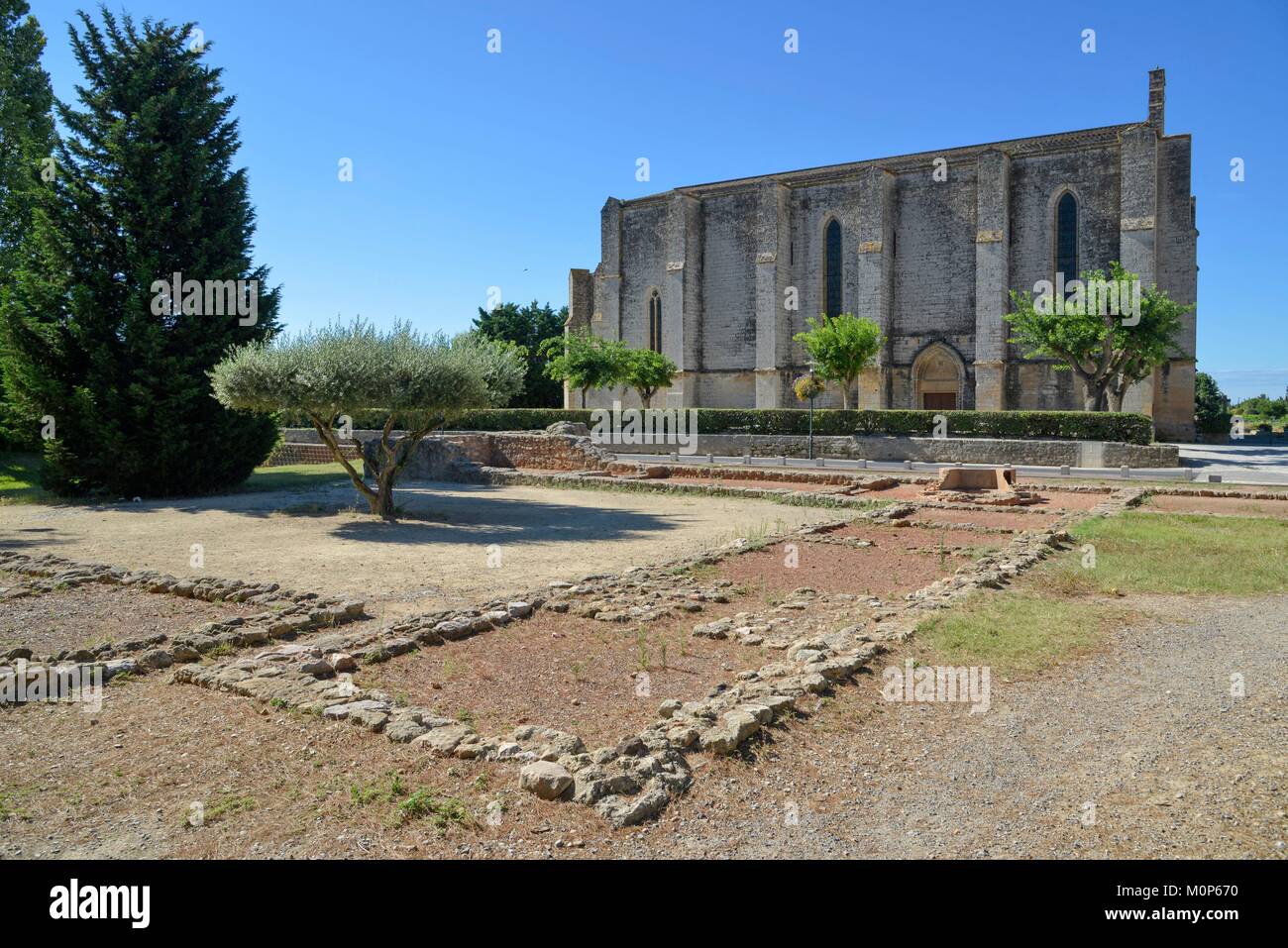 France,Herault,Loupian,site rcheological,vestiges de l'église chrétienne avec la chapelle Sainte Cécile du xivème siècle dans l'arrière-plan Banque D'Images