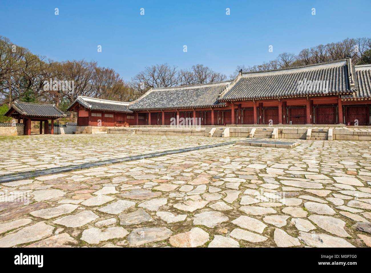 La Corée du Sud, Séoul, Jongno-gu district,Temple Jongmyo est un sanctuaire dédié à Confucius les rois et reines de la Dynastie Joseon et site du patrimoine mondial de l'UNESCO Banque D'Images