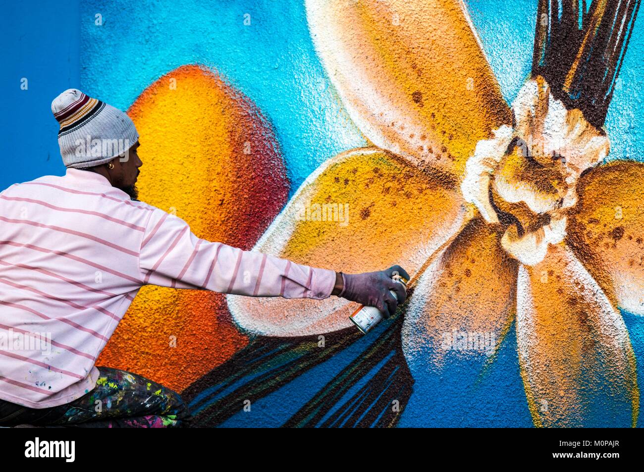 France,Caraïbes Petites Antilles, la Guadeloupe, Basse-Terre, Baie-Mahault, fresque naturaliste,artiste de rue de Jimmy SHEIKBOUDHOU représentant des fruits tropicaux et de vanille en fleur sur le mur d'un local technique Banque D'Images