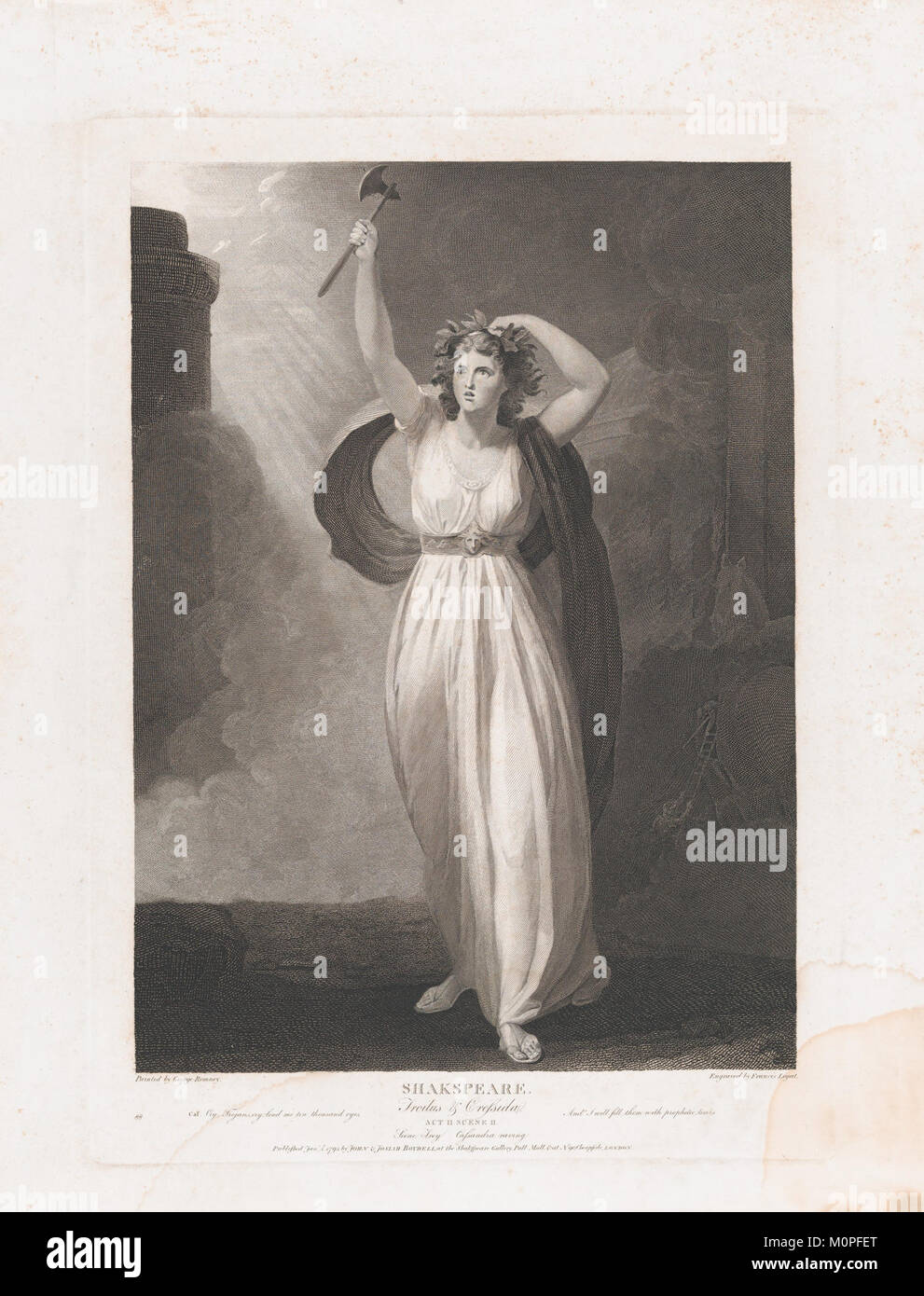 Cette image représente le personnage de Cassandra de la pièce de Shakespeare *Troilus and Cressida*, acte 2, scène 2. Cassandra est dépeinte comme une prophétesse qui est moquée et ignorée malgré ses prédictions précises. La scène met en évidence les thèmes du destin, du pouvoir et des avertissements non écoutés dans la pièce. Banque D'Images