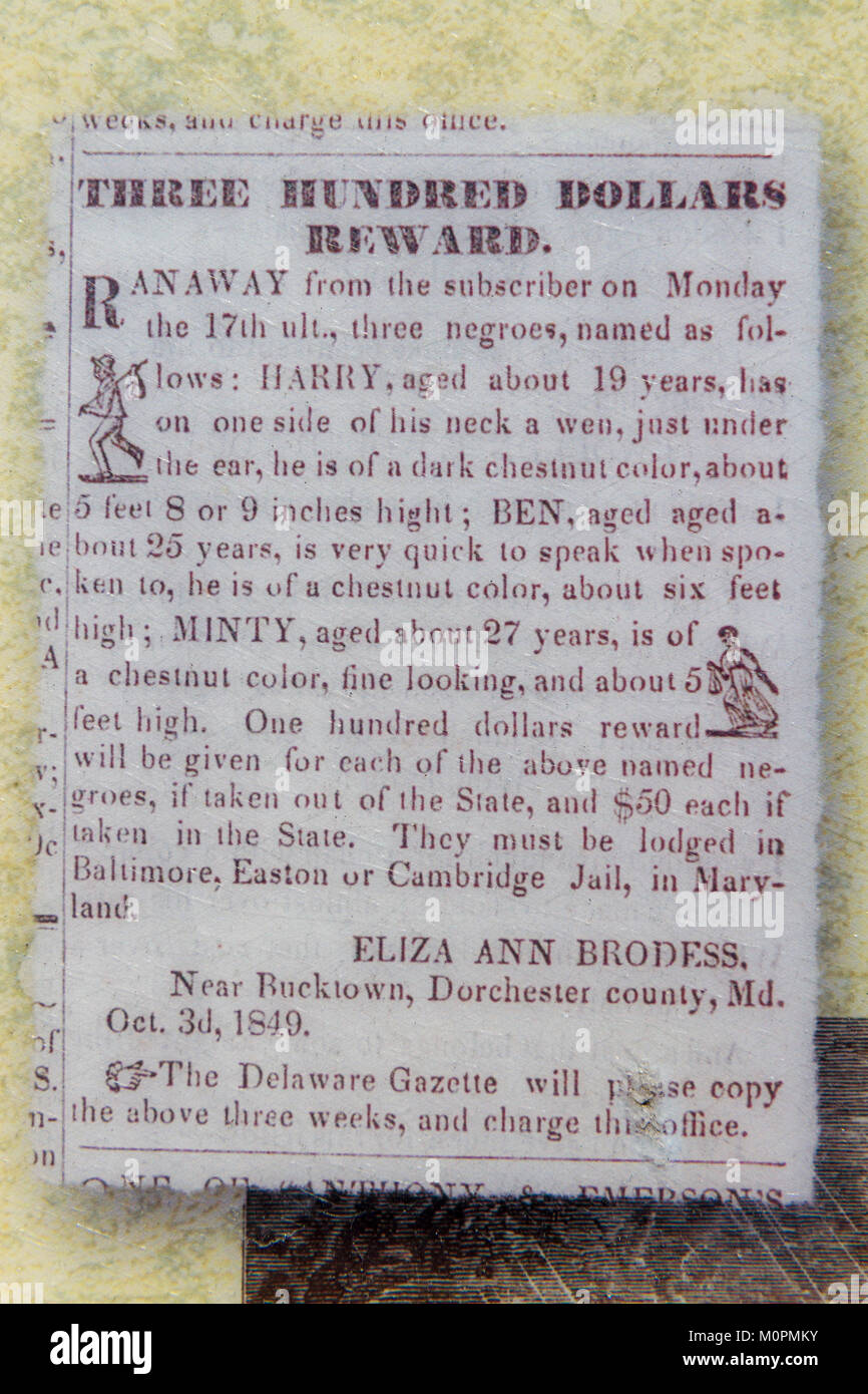 Annonce dans le journal pour les esclaves disparus y compris Harriet Tubman (Minty), à l'affiche près de la maison natale de Harriet Tubman, MD, USA. Banque D'Images