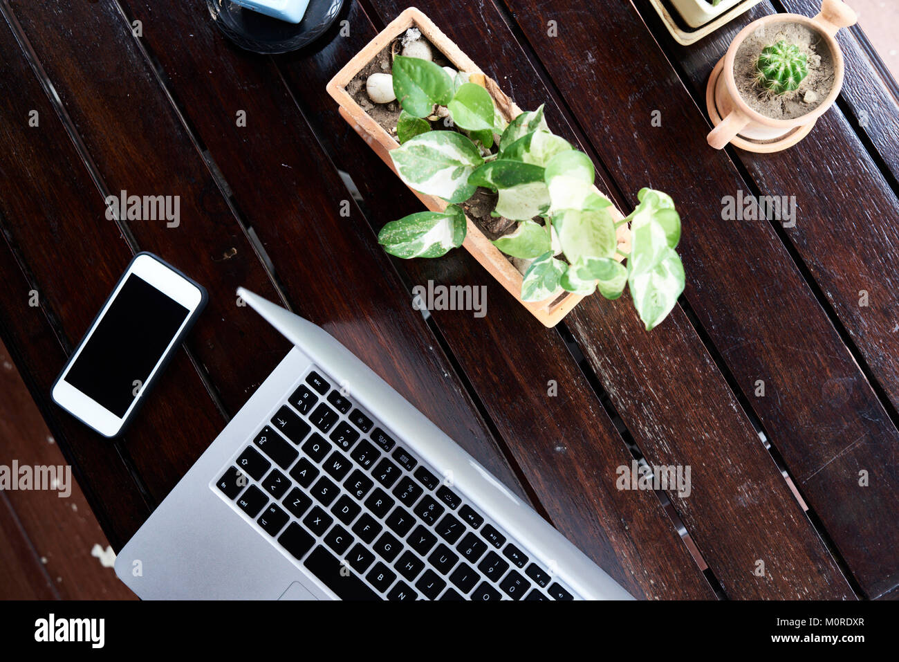 Vue aérienne d'un bois de travail avec ordinateur portable, téléphone mobile et les plantes. Banque D'Images