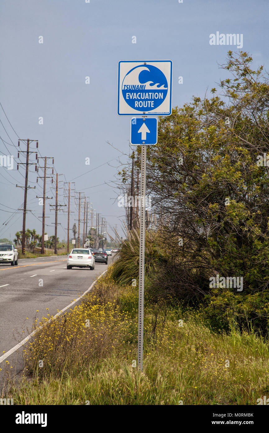 Parcours d'évacuation Tsunami Ballona Wetlands, signes, Playa Del Rey, Los Angeles, Californie, USA Banque D'Images