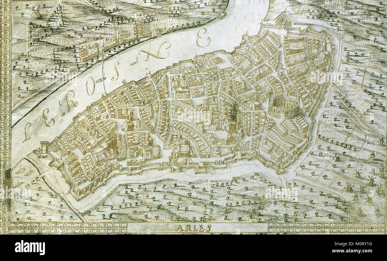 La carte d'Arles fait référence à une carte ou carte postale représentant la ville d'Arles dans le sud de la France, connue pour son histoire romaine et son importance culturelle. Banque D'Images