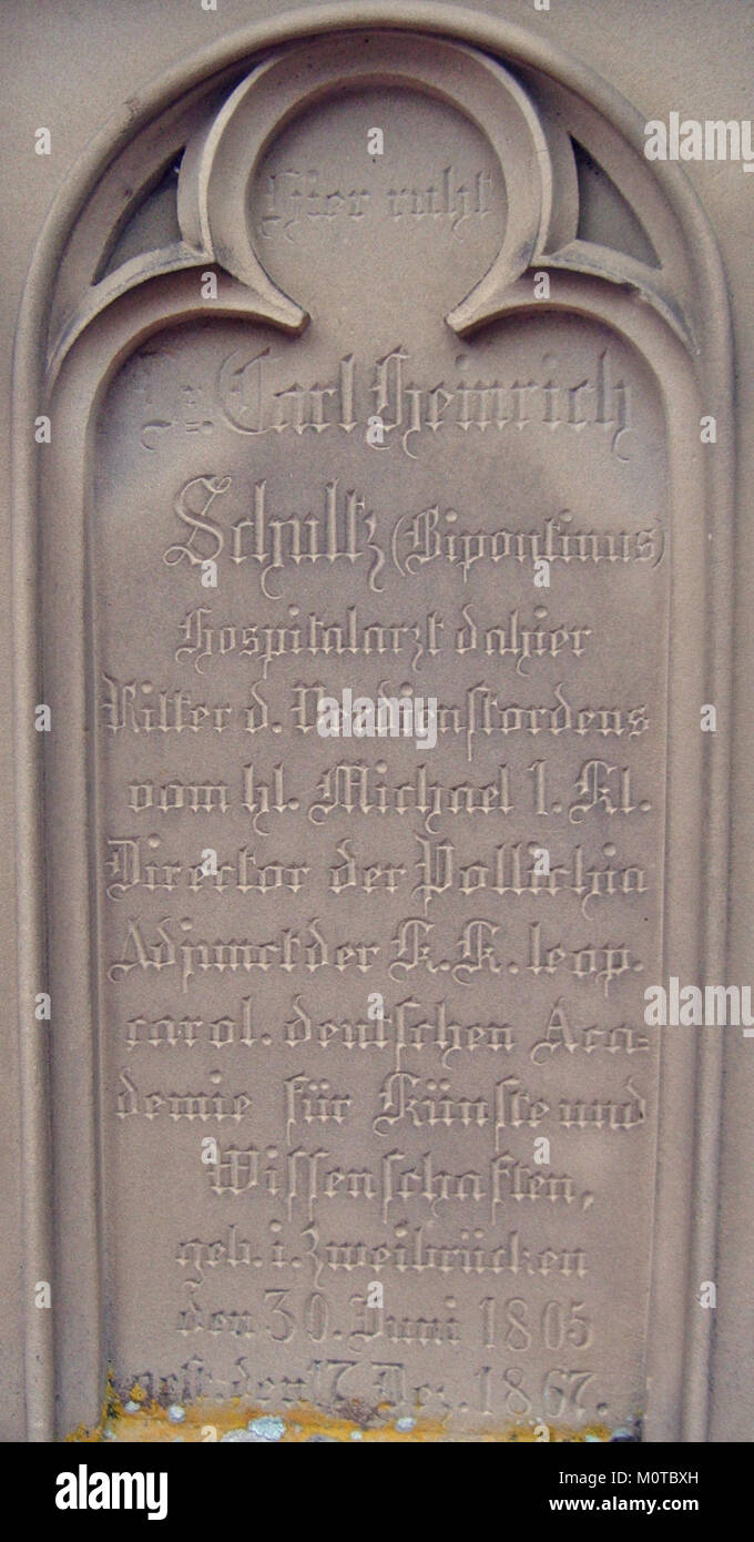 L'inscription de Carl Heinrich Schultz, située dans une zone boisée, reflète l'importance des individus dans l'histoire locale et l'importance culturelle des traditions des cimetières dans les régions germanophones. Banque D'Images