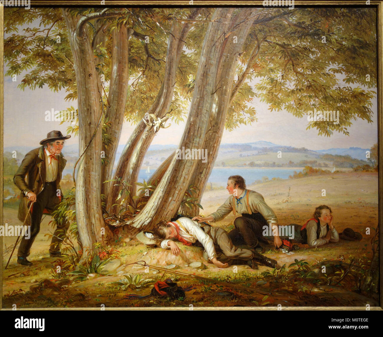 Catched Napping est une peinture à l'huile réalisée en 1848 par William Sidney Mount, mettant en vedette le genre américain La pièce représente une scène humoristique d'un homme sieste dans un cadre décontracté et quotidien, reflétant l'intérêt de l'artiste pour capturer la vie commune et les interactions sociales. Banque D'Images