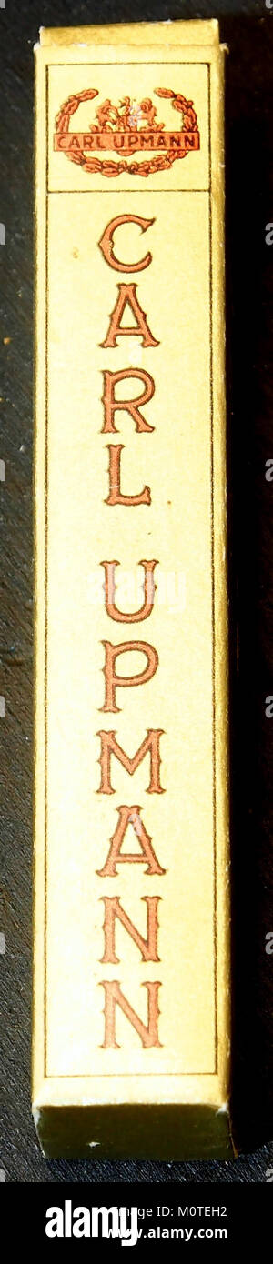 Cette image représente une boîte à cigares Carl Upmann, une marque haut de gamme connue pour son artisanat. La boîte reflète la qualité de la marque et l'approche traditionnelle de l'emballage des cigares, mettant en valeur des éléments de conception complexes associés aux cigares haut de gamme. Banque D'Images