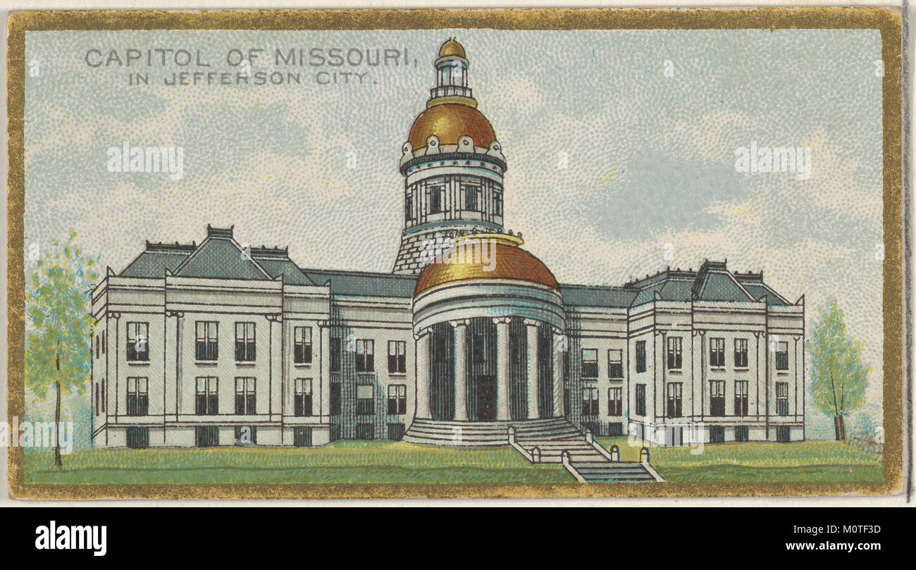 Cette image fait partie de la série General Government and State Capitol Buildings pour les cigarettes Allen & Ginter. Il représente le Capitole de l'État du Missouri à Jefferson City, mettant en valeur son architecture néoclassique. Le Capitole sert de siège au gouvernement de l'État du Missouri et est un important monument historique et politique. Banque D'Images