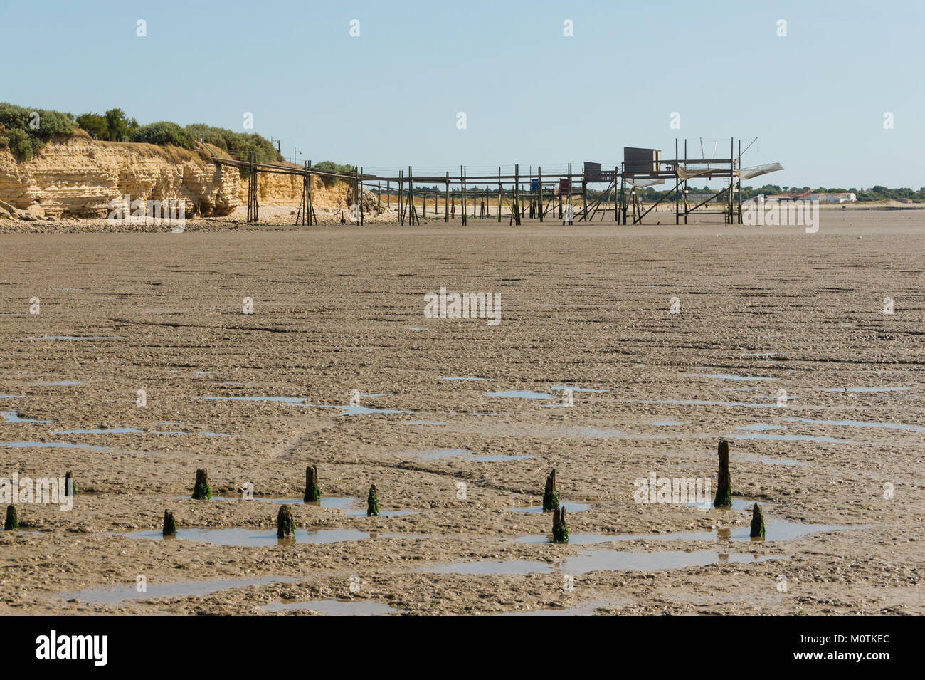 Les Carrelets d'Esnandes, situées en Charente-maritime, sont des cabanes de pêche traditionnelles qui se dressent sur pilotis le long du littoral. Ces structures sont emblématiques du patrimoine maritime de la région et offrent un aperçu des traditions de pêche locales. Banque D'Images