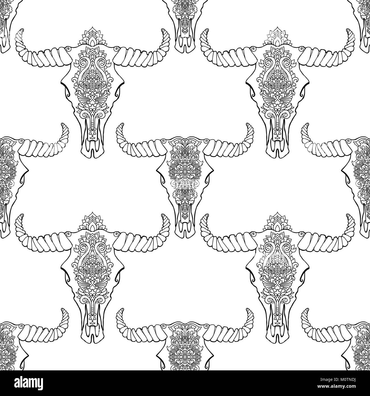 Style Mandala dead cow pattern sans chefs. Ornement décoratif crâne de buffle. L'art indien indigène croquis ethniques design. Vector illustration style Boho Tribal. Illustration de Vecteur