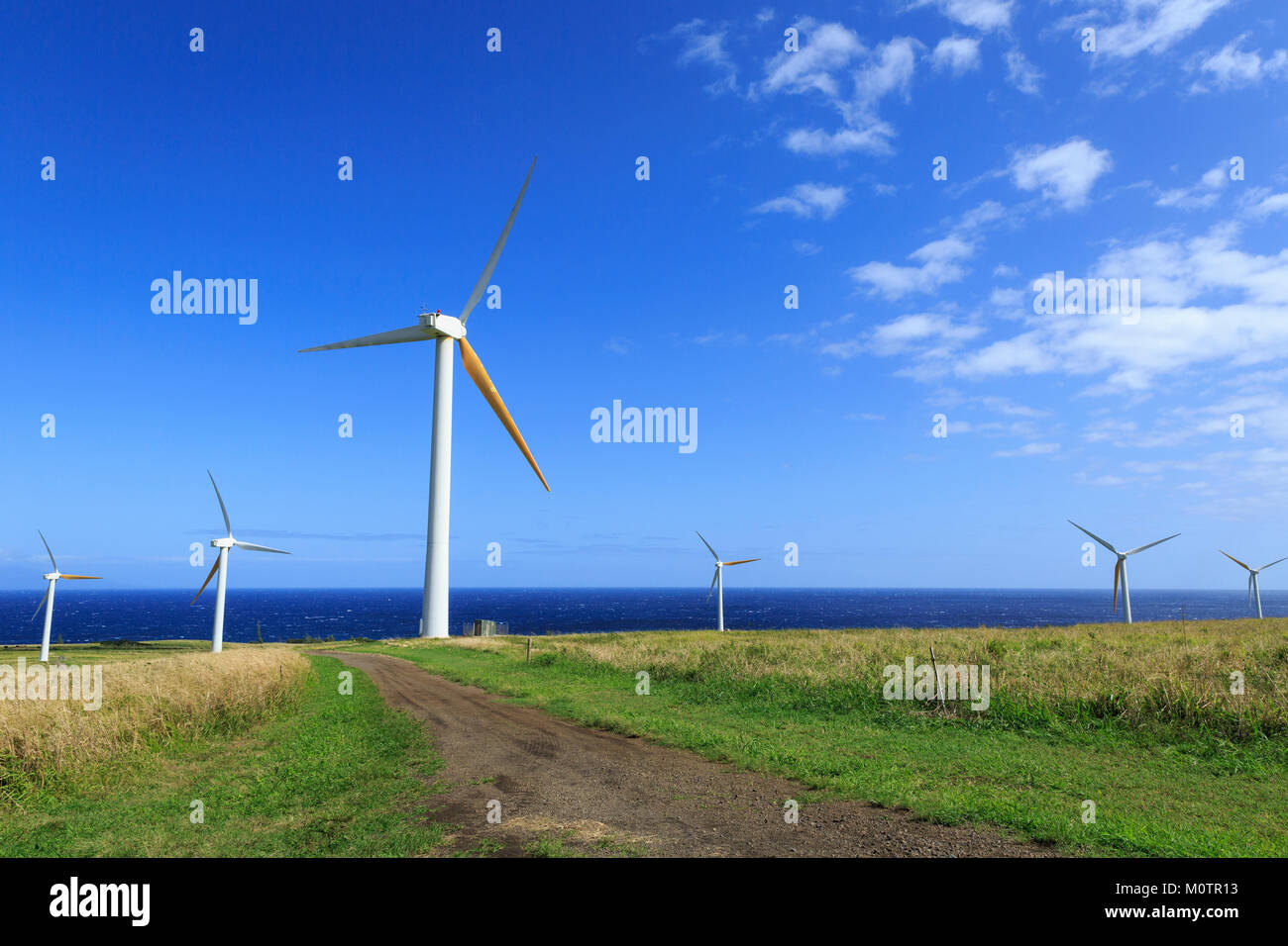Les moulins à vent pour produire de l'électricité en Amérique du Kohala, Hawaii. Banque D'Images