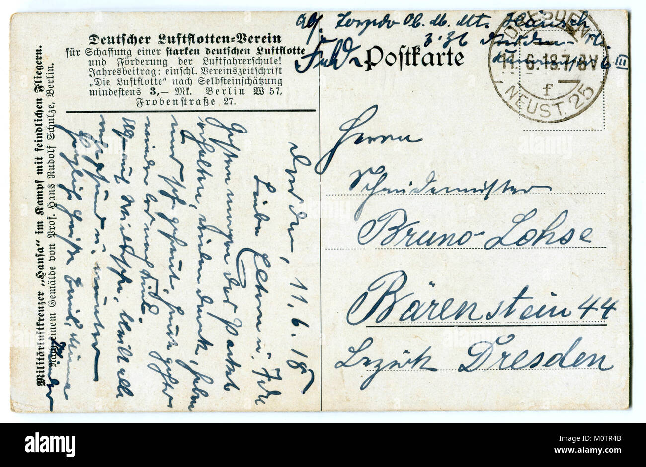 Retour De La Vieille Carte Postale Allemande De La Premiere Guerre Mondiale M0tr4c Lettre Ecrite A L Encre Bleue Dresde 1918 Ww1 Photo Stock Alamy