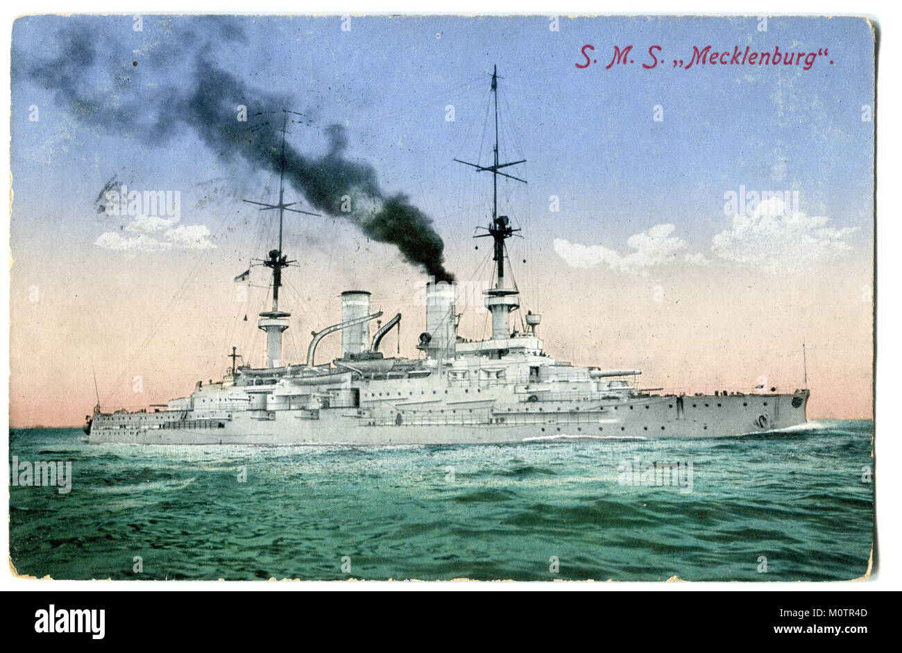 Ancienne carte postale Allemande Mecklenburg 'SMS',1901, l'escadron type cuirassé Wittelsbach première guerre mondiale 1914-1918, la marine de l'Empire allemand Banque D'Images