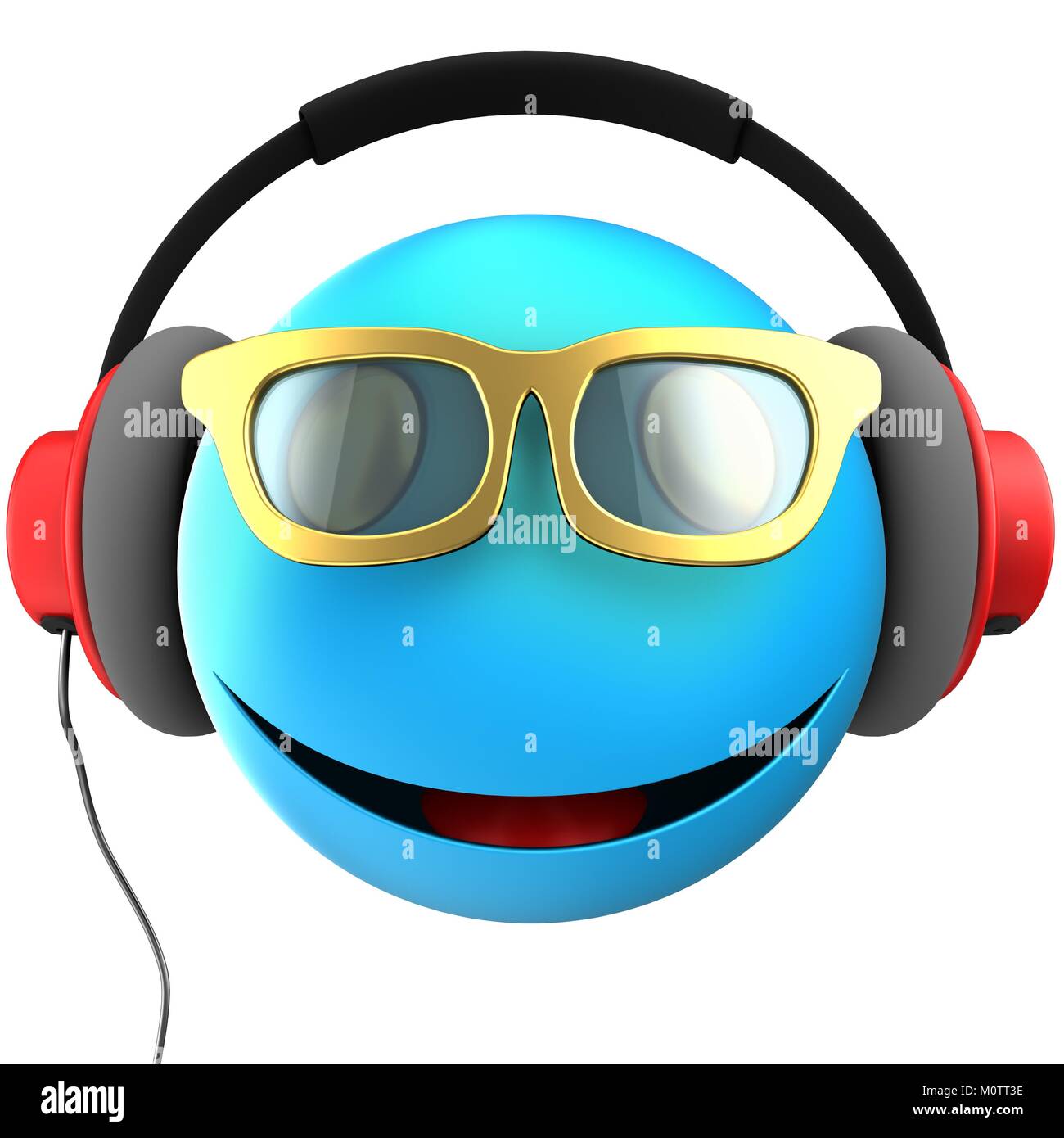 3d illustration d'émoticône bleu sourire avec casque rouge sur fond blanc Banque D'Images