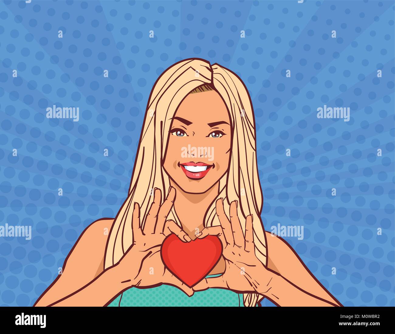 Beautiful Girl Holding Red Heart Shape Valentines Day Greeting Card Happy Smiling sur fond Pop Art Bande dessinée Illustration de Vecteur