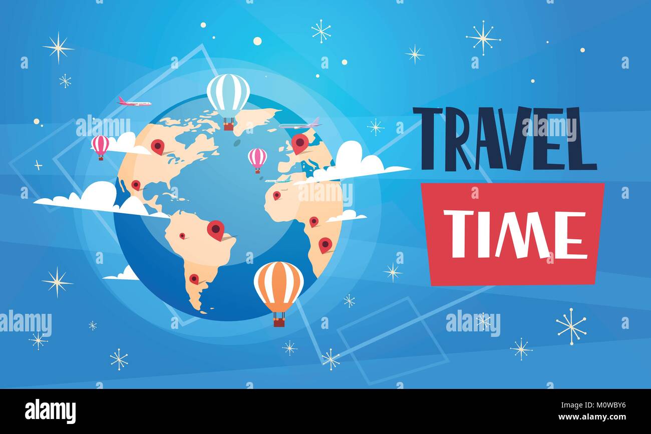 Avec l'Affiche De Voyage Globe des mondes sur fond bleu Retro Tourisme Banner Illustration de Vecteur