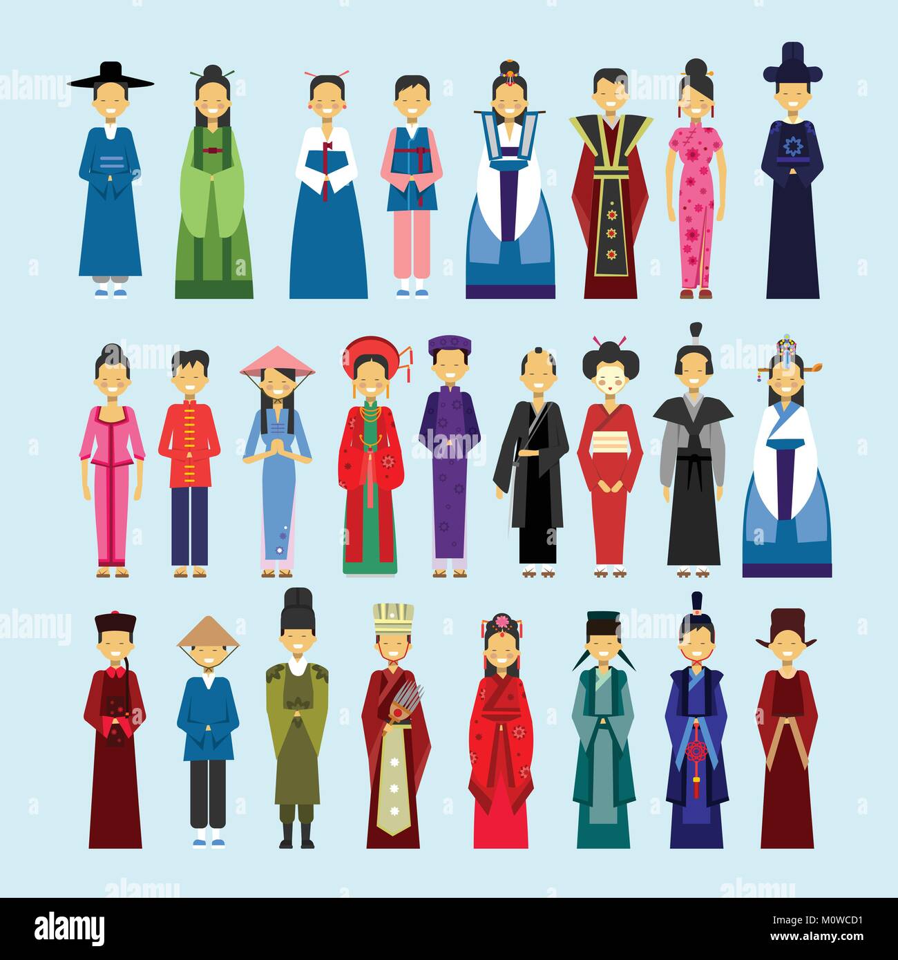 Ensemble de personnes en vêtements traditionnels asiatiques, hommes et femmes Costume National Concept Collection Illustration de Vecteur