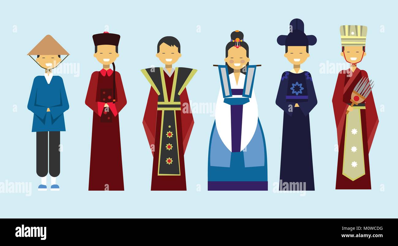 Jeu de vêtements traditionnels asiatiques gens portant beau costume national Illustration de Vecteur