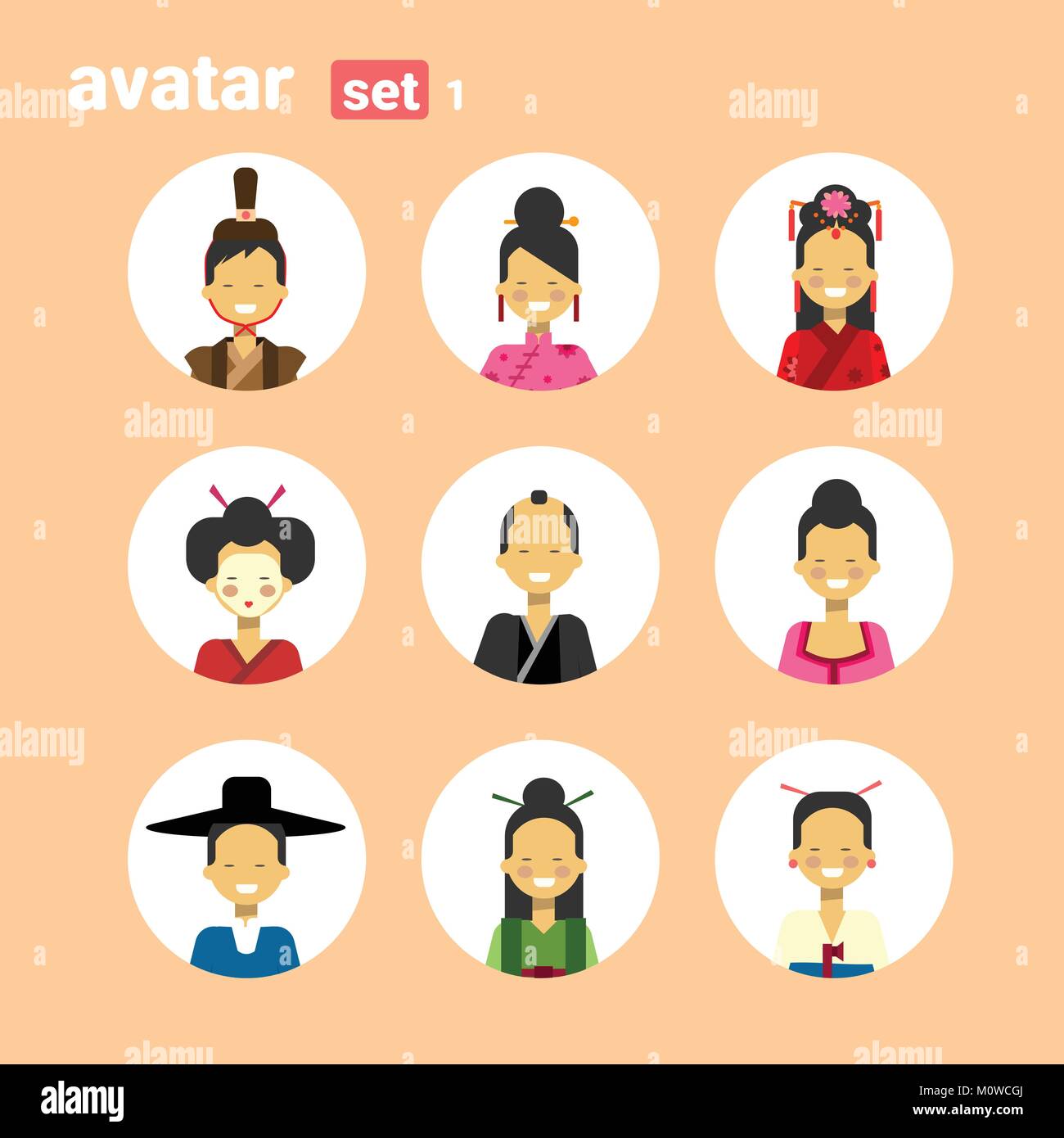 L'homme et de la femme asiatique sur l'icône de la série Avatar Femme Homme en costume traditionnel, la collection de portraits de profil Illustration de Vecteur