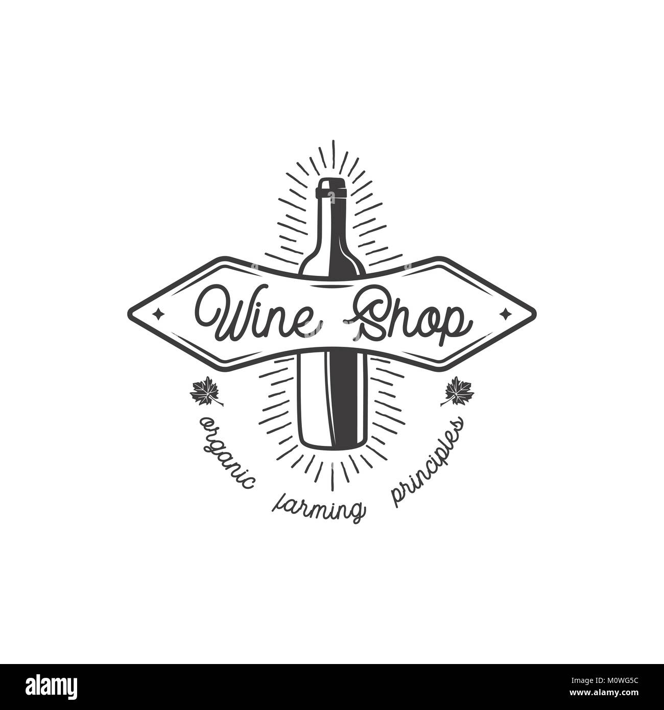 Wine Shop logo, étiquette. Vins Bio principes sign.Vignoble le badge. Retro verre symbole - bouteille de vin design typographique illustration vectorielle. L'emblème et l'icône vecteur Stock isolé sur fond blanc Illustration de Vecteur