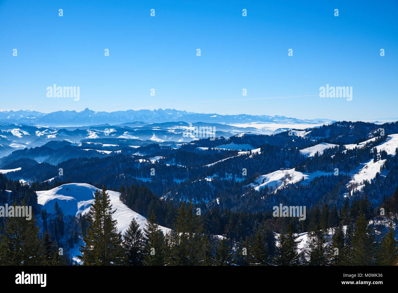 Jour d'hiver ensoleillé dans les montagnes suisses - Napf Emmental Banque D'Images