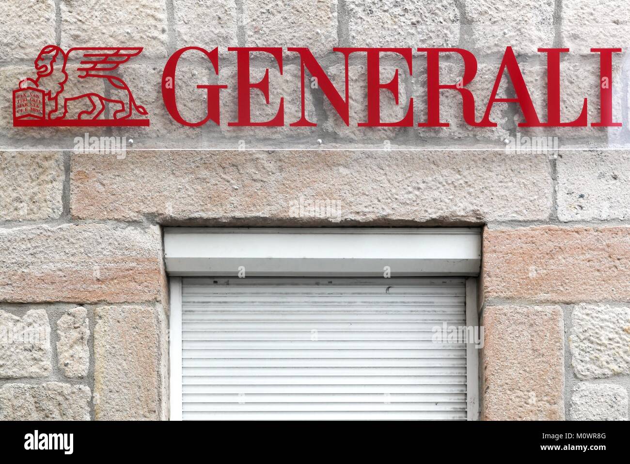 Firminy, France - 17 août 2016 : Generali logo sur un mur. Generali est la plus grande compagnie d'assurance en Italie et la troisième dans le monde Banque D'Images