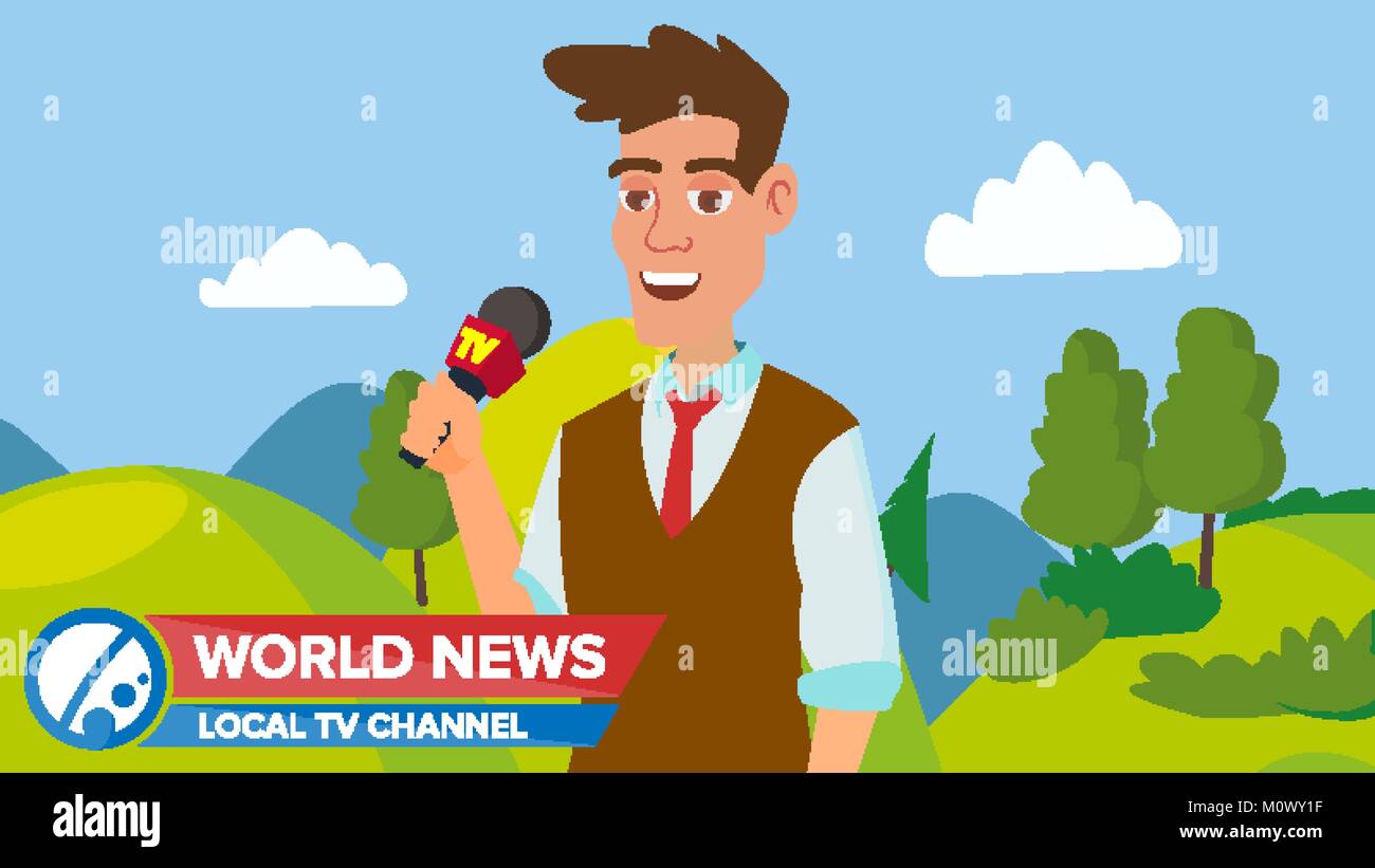 Homme Journaliste Sur L Air Reporter L Execution Concept Vecteur Homme Avec Microphone Viseur De La Camera Video Journaliste De Television De L Emploi Television Cartoon Illustration Image Vectorielle Stock Alamy