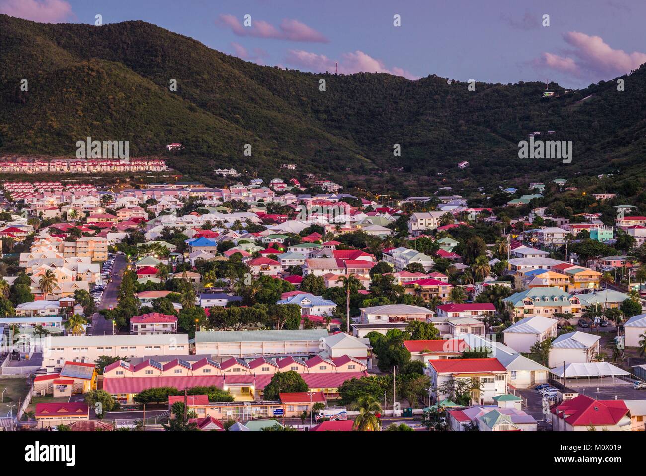 French West Indies,St-Martin Marigot,des,vue depuis le fort Louis,crépuscule Banque D'Images