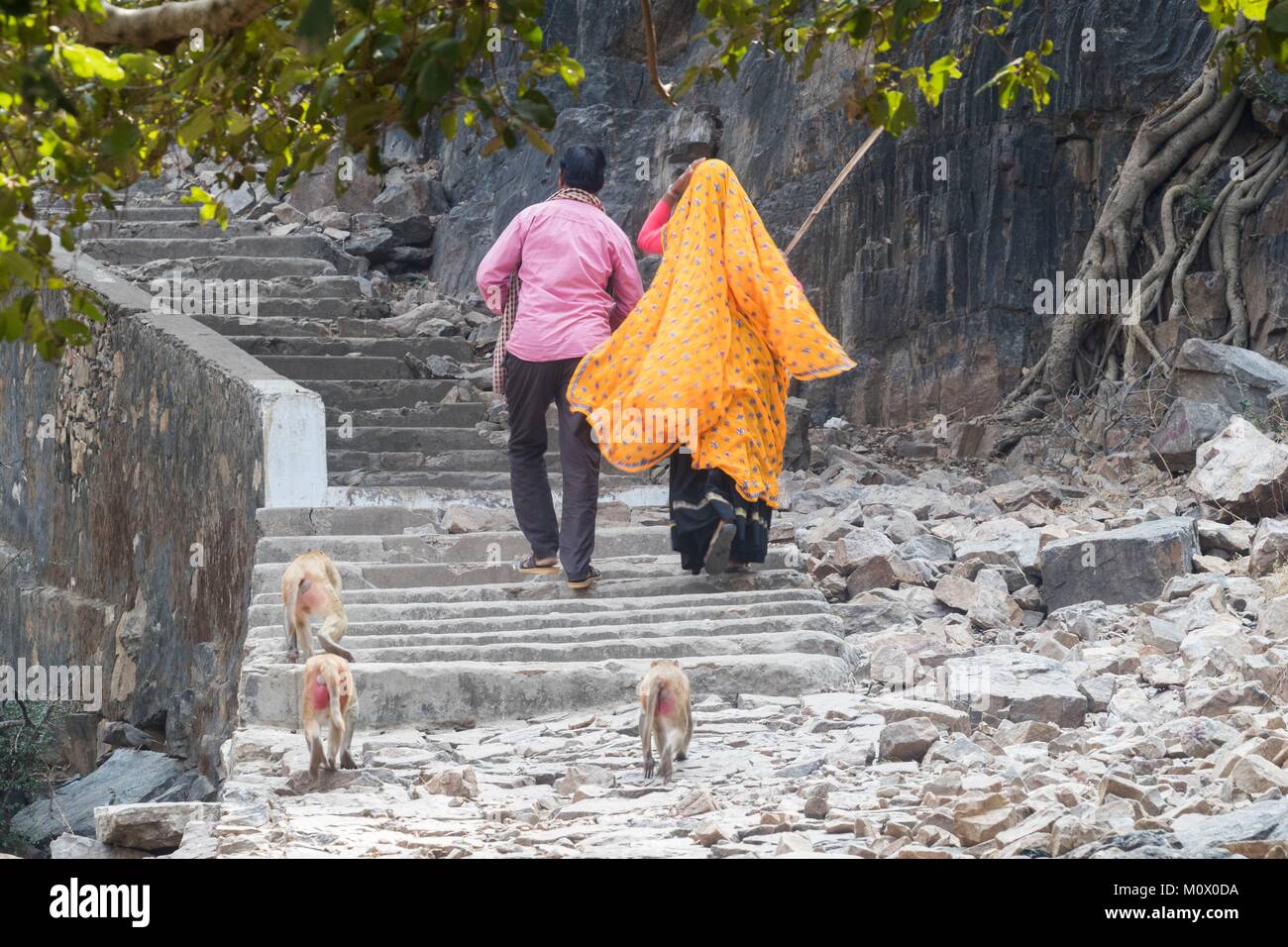L'Inde, le Rajasthan, le parc national de Ranthambore, pèlerins marchant autour du fort de Rathambore Banque D'Images