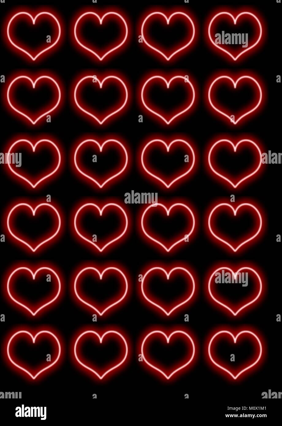 Coeurs néon rouge et blanc motif répété sur un fond noir Illustration de Vecteur
