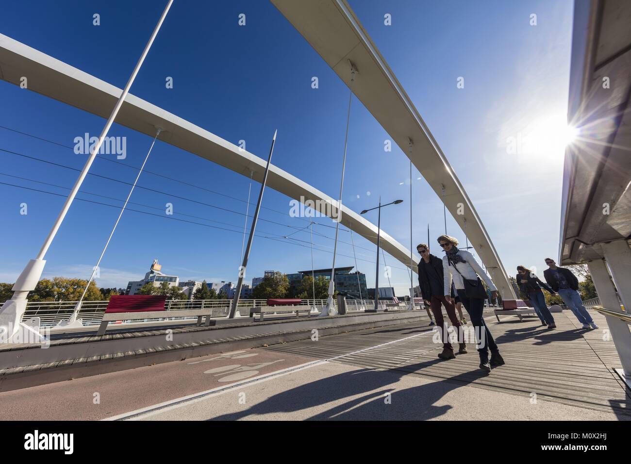 France,Rhone,Lyon,le pont Raymond Barre au-dessus du Rhône reliant le quartier de la Confluence au sud de la Presqu'île,premier trimestre durable certifiée par le WWF et le quartier Gerland Banque D'Images